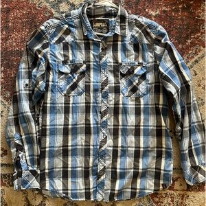 Men’s Surplus Blue Plaid Button Up Long Sleeve Shirt XXL